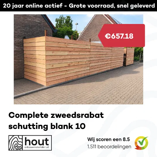 Advertentie-creative uit de Channable Image Editor voor een complete zweedsrabat schutting, met prijs en reviewscore uit de productfeed
